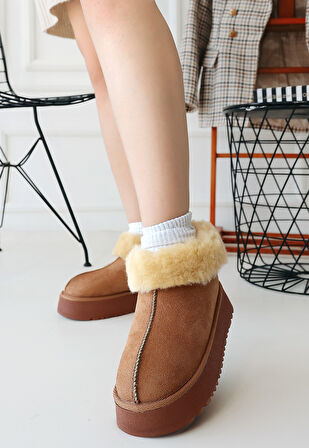 İçi Kürklü Bot Süet Taba Topuk Boyu 4 Cm