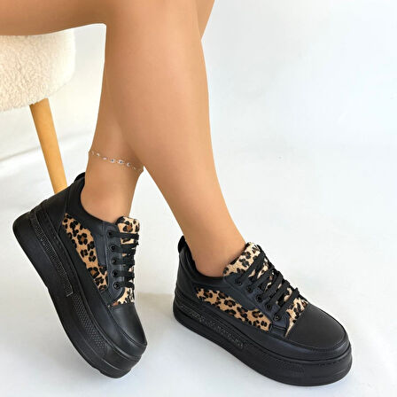 Leopar Detaylı Ortopedik Bağcıklı Spor Ayakkabı Cilt Siyah Topuk Boyu 4 Cm