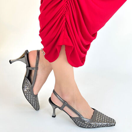 Arkası Açık Kemerli Topuklu Ayakkabı Cilt Platin Topuk Boyu 7 Cm