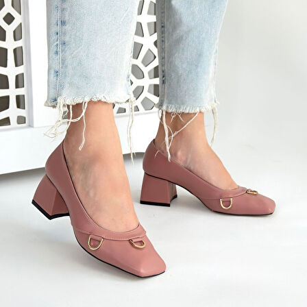 Küt Burun Topuklu Ayakkabı Pudra Topuk Boyu 5 Cm