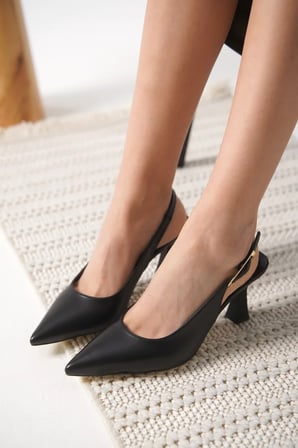 Siyah Deri Klasik Sivri Burun Bantlı Slingback Topuklu Ayakkabı Topuk Boyu 7 Cm