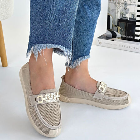 Tokalı Ortopedik Topuklu Babet Ayakkabı Triko Bej Topuk Boyu 1 Cm