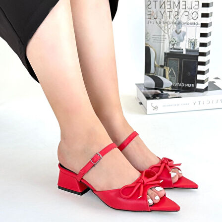 Önü Açık Fiyonklu Topuklu Ayakkabı Cilt Kırmızı Topuk Boyu 3 Cm