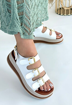 Tokalı Kemerli Ortopedik Sandalet Cilt Beyaz Topuk Boyu 4,5 Cm