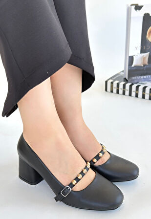 Küt Burun Kemerli Topuklu Ayakkabı Cilt Siyah Topuk Boyu 7 Cm