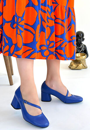 Küt Burun Topuklu Ayakkabı Cilt Mavi Topuk Boyu 7 Cm