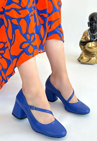 Küt Burun Topuklu Ayakkabı Cilt Mavi Topuk Boyu 7 Cm