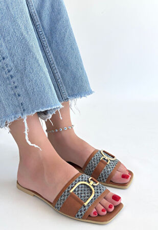 Tokalı Terlik Cilt Taba Topuk Boyu 1 Cm