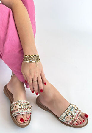 Hasır Dokuma Tokalı Terlik Tekstil Renkli Topuk Boyu 1 Cm