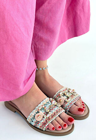 Hasır Dokuma Tokalı Terlik Tekstil Renkli Topuk Boyu 1 Cm