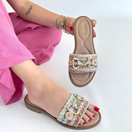 Hasır Dokuma Tokalı Terlik Tekstil Renkli Topuk Boyu 1 Cm