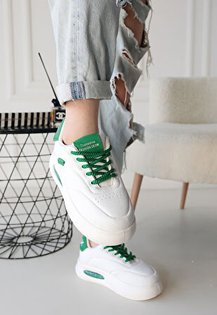 Yeşil Detaylı Ortopedik Topuk Dikenine Karşı Özel Üretim Bağcıklı Spor Ayakkabı Cilt Beyaz Topuk Boyu 4 Cm