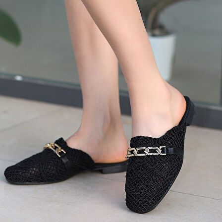 Zincirli Örgülü Terlik Tekstil Siyah Topuk Boyu 1 Cm