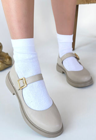 Ortopedik Topuk Dikenine Karşı Özel Üretim Kemerli Oxford Babet Ayakkabı Cilt Bej Topuk Boyu 2,5 Cm