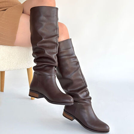 Diz Altı Körüklü Topuklu Çizme Cilt Kahverengi Topuk Boyu 2 Cm