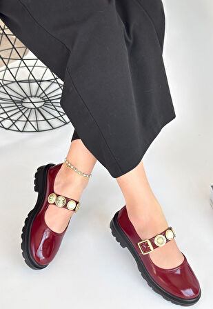 Aksesuarlı Ortopedik Topuk Dikenine Karşı Özel Üretim Kemerli Oxford Babet Ayakkabı Rugan Bordo Topuk Boyu 2,5 Cm