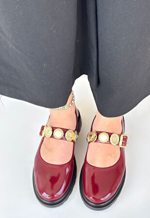 Aksesuarlı Ortopedik Topuk Dikenine Karşı Özel Üretim Kemerli Oxford Babet Ayakkabı Rugan Bordo Topuk Boyu 2,5 Cm