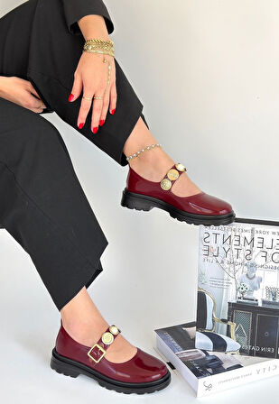 Aksesuarlı Ortopedik Topuk Dikenine Karşı Özel Üretim Kemerli Oxford Babet Ayakkabı Rugan Bordo Topuk Boyu 2,5 Cm