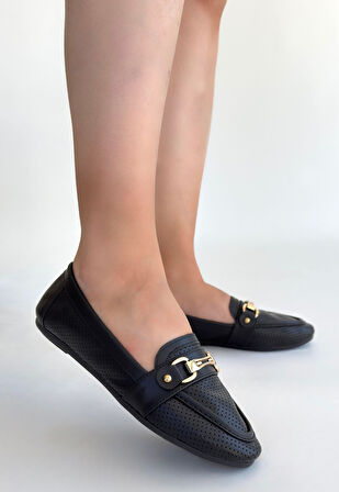 Tokalı Babet Ayakkabı Cilt Siyah Topuk Boyu 1 Cm