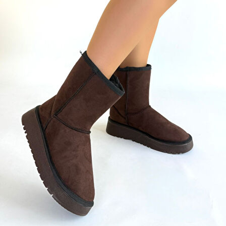 İçi Kürklü Bot Süet Kahverengi Topuk Boyu 4 Cm