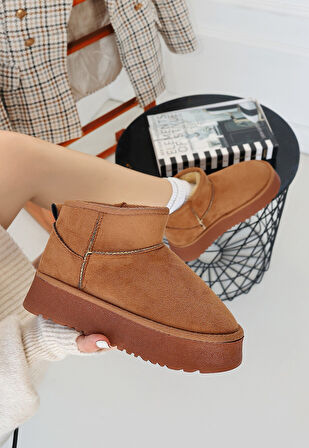 İçi Kürklü Bot Süet Taba Topuk Boyu 4 Cm