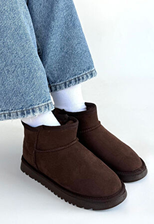 İçi Kürklü Bot Süet Kahverengi Topuk Boyu 1 Cm