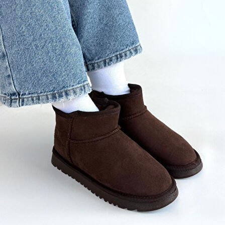 İçi Kürklü Bot Süet Kahverengi Topuk Boyu 1 Cm