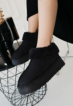 İçi Kürklü Bot Süet Siyah Topuk Boyu 4 Cm