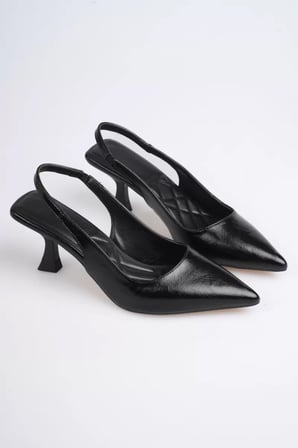 Siyah Rugan Şık Sivri Burun Slingback Topuklu Ayakkabı Topuk Boyu 7 Cm
