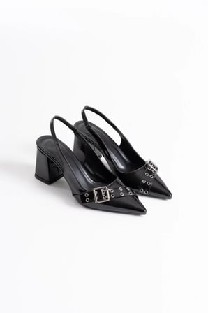 Siyah Rugan Büyük Tokalı Sivri Burun Slingback Topuklu Ayakkabı Topuk Boyu 8 Cm
