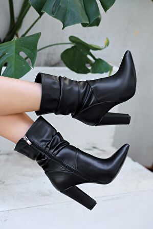 Topuklu Yandan Fermuarlı Körüklü Bot Cilt Siyah Topuk Boyu 10 Cm