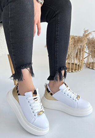 Leoapar ve Sarı Detaylı Ortopedik Topuk Dikenine Karşı Özel Üretim Bağcıklı Spor Ayakkabı Cilt Beyaz Topuk Boyu 4 Cm