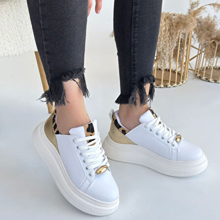 Leoapar ve Sarı Detaylı Ortopedik Topuk Dikenine Karşı Özel Üretim Bağcıklı Spor Ayakkabı Cilt Beyaz Topuk Boyu 4 Cm