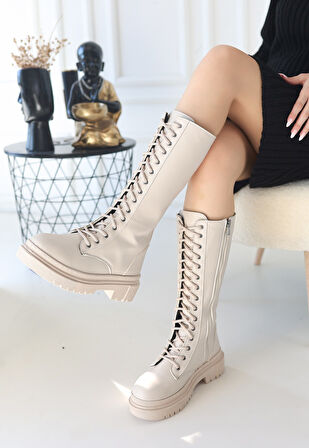 Yandan Fermuarlı Diz Altı Topuklu Çizme Cilt Bej Topuk Boyu 3 Cm