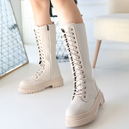 Yandan Fermuarlı Diz Altı Topuklu Çizme Cilt Bej Topuk Boyu 3 Cm