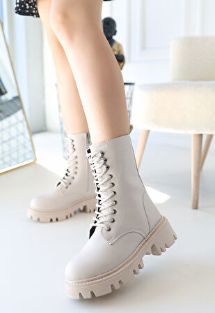 Yandan Fermuarlı Bağcıklı Topuklu Bot Cilt Bej Topuk Boyu 3 Cm