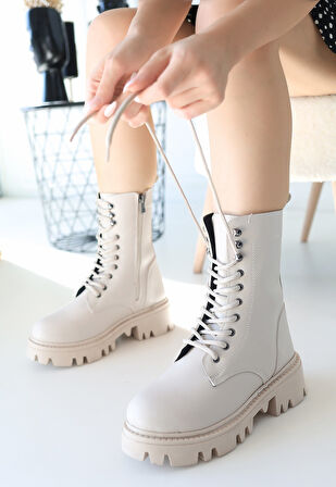 Yandan Fermuarlı Bağcıklı Topuklu Bot Cilt Bej Topuk Boyu 3 Cm