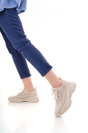 Ortopedik Topuk Dikenine Karşı Özel Üretim Bağcıklı Spor Ayakkabı Triko Bej Topuk Boyu 3 Cm