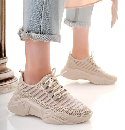 Ortopedik Topuk Dikenine Karşı Özel Üretim Bağcıklı Spor Ayakkabı Triko Bej Topuk Boyu 3 Cm