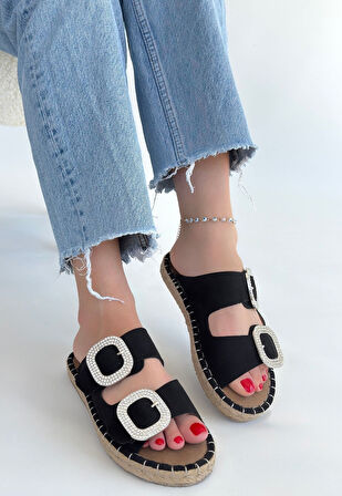 Hasır Tabanlı Tokalı Terlik Nubuk Siyah Topuk Boyu 1 Cm