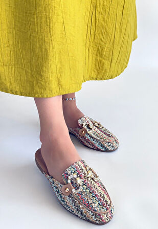 Taşlı Dokumalı Terlik Tekstil Renkli Topuk Boyu 1 Cm