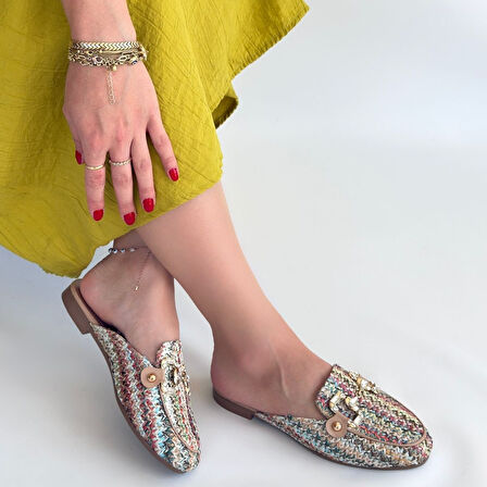 Taşlı Dokumalı Terlik Tekstil Renkli Topuk Boyu 1 Cm