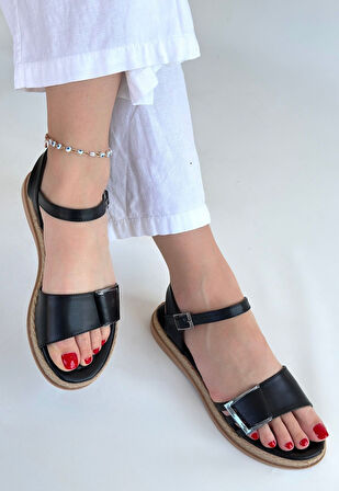 Kemerli Sandalet Cilt Siyah Topuk Boyu 2 Cm
