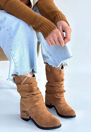 Körüklü Topuklu Çizme Süet Taba Topuk Boyu 3 Cm