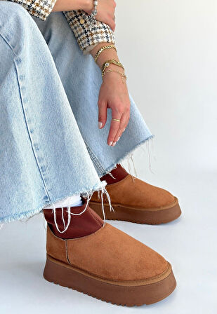 İçi Kürklü Boğazı Streçli Bot Süet Taba Topuk Boyu 4 Cm