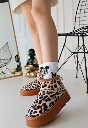 İçi Kürklü Bot Süet Leopar Topuk Boyu 4 Cm