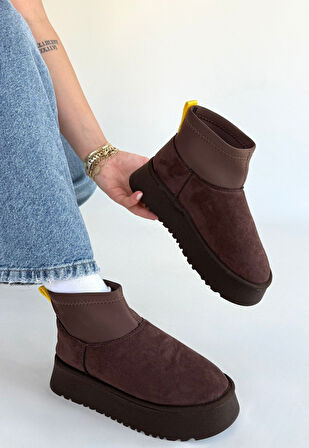 İçi Kürklü Boğazı Streçli Bot Süet Kahverengi Topuk Boyu 4 Cm