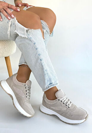 Ortopedik Bağcıklı Spor Ayakkabı Cilt Bej Topuk Boyu 3 Cm