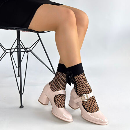 Kemerli Topuklu Ayakkabı Bej Topuk Boyu 6 Cm