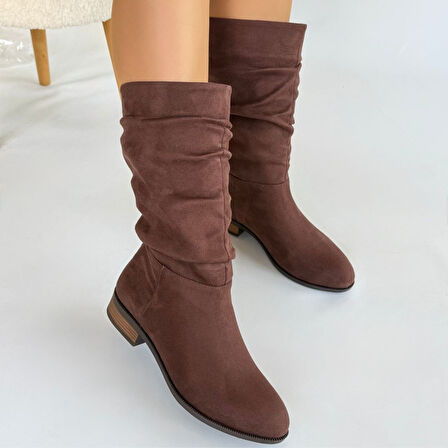 Diz Altı Körüklü Topuklu Çizme Süet Kahverengi Topuk Boyu 2 Cm